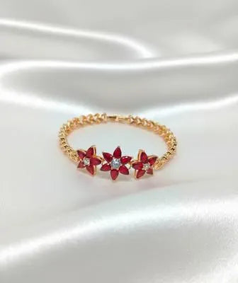 Elegant Floral Gold Chain Bracelet for Women | Red Flower Crystal Design | Fashion Jewelry Gift Piece