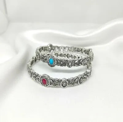 Elegant Silver Floral Design Bangles – 2 Pcs Antique-Style Kada Set for Women | Red & Green Stone Bracelet Bangles